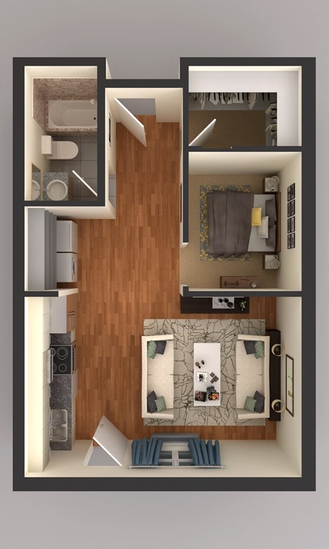 Floor plan for studio, 1 bath, 534 sqft